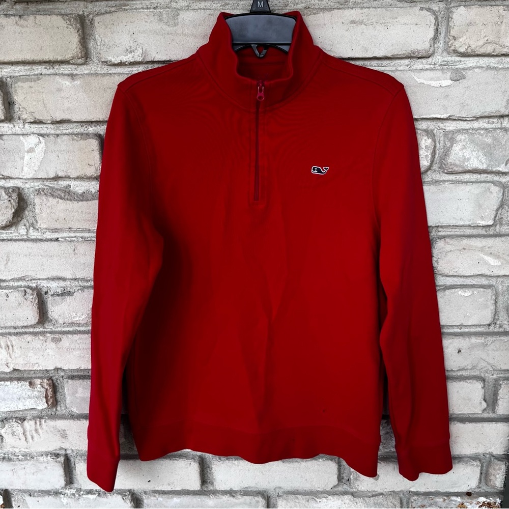 Vineyard Vines boys red pullover quarter zip sweatshirt with whale logo.